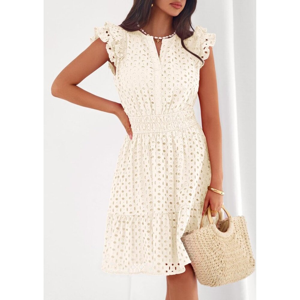 Women's Beige V Neck Eyelet Cap Sleeve Summer Beach Vacation Sundresseses - Picture 7 of 8